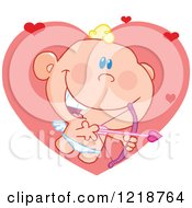 Poster, Art Print Of Cute Happy Cupid Holding A Pink Bow And Arrow With Hearts