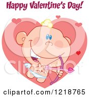 Clipart Of Happy Valentines Day Text Over A Cute Cupid Wiah An Arrow And Hearts Royalty Free Vector Illustration by Hit Toon