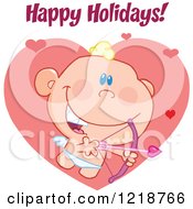 Clipart Of Happy Holidays Text Over A Cute Cupid Wiah An Arrow And Hearts Royalty Free Vector Illustration