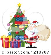 Poster, Art Print Of Santa Happily Holding Up Gifts By A Christmas Tree