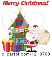 Poster, Art Print Of Merry Christmas Text Over Santa Holding Up Gifts By A Christmas Tree