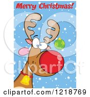 Clipart Of Merry Christmas Text Over A Goofy Christmas Red Nosed Rudolph Reindeer Royalty Free Vector Illustration
