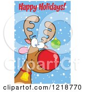 Clipart Of Happy Holidays Text Over A Goofy Christmas Red Nosed Rudolph Reindeer Royalty Free Vector Illustration