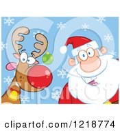 Poster, Art Print Of Santa Claus And A Goofy Reindeer Over Blue With Snowflakes