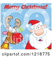 Poster, Art Print Of Merry Christmas Text Over Santa Claus And A Goofy Reindeer Over Blue With Snowflakes