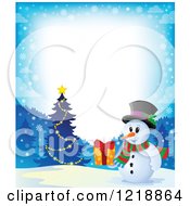 Clipart Of A Snowman Holding A Gift By A Christmas Tree With Text Space Royalty Free Vector Illustration