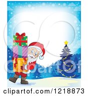 Poster, Art Print Of Border With Santa Carrying Gifts In The Snow