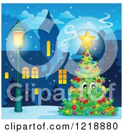 Poster, Art Print Of Happy Christmas Tree Character In A Winter Village