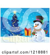 Clipart Of A Snowman Holding A Gift By A Christmas Tree In The Forest Royalty Free Vector Illustration