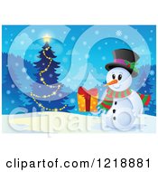 Poster, Art Print Of Snowman Holding A Gift By A Christmas Tree In The Forest