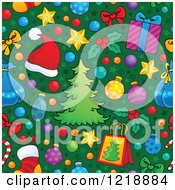 Poster, Art Print Of Seamless Christmas Pattern With Trees Gifts And Ornaments On Green