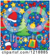 Clipart Of A Seamless Christmas Pattern With Trees Gifts And Ornaments On Blue Royalty Free Vector Illustration