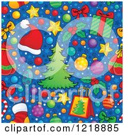 Poster, Art Print Of Seamless Christmas Pattern With Trees Gifts And Ornaments On Blue