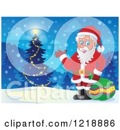 Clipart Of Santa Waving With A Sack By A Forest Christmas Tree Royalty Free Vector Illustration