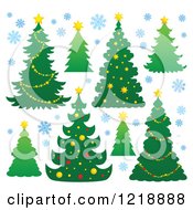 Clipart Of Green Christmas Trees And Blue Snowflakes Royalty Free Vector Illustration by visekart