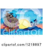 Poster, Art Print Of Giant Octopus Eating A Pirate Ship Against A Tropical Sunset