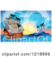 Poster, Art Print Of Sailing Pirate Ship Against A Tropical Sunset