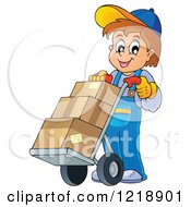 Happy Delivery Worker Boy With Boxes On A Dolly