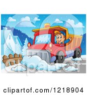 Happy Snow Plow Driver Waving And Working