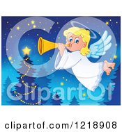 Poster, Art Print Of Cute Christmas Angel Girl Blowing A Horn By A Tree