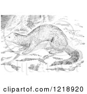 Clipart Of A Black And White Fisher In The Woods Royalty Free Vector Illustration