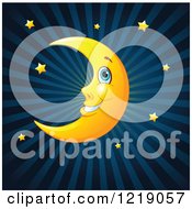 Poster, Art Print Of Happy Crescent Moon And Gold Stars Over Blue Rays