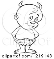 Clipart Of An Outlined Toddler Boy With Devil Horns Standing In A Diaper Royalty Free Vector Illustration by LaffToon
