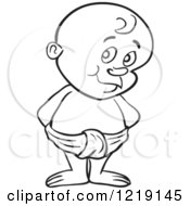 Clipart Of An Outlined Toddler Boy Looking Innocent Standing In A Diaper Royalty Free Vector Illustration by LaffToon