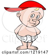 Clipart Of A White Toddler Boy Wearing A Baseball Cap Backwards And Standing In A Diaper Royalty Free Vector Illustration by LaffToon