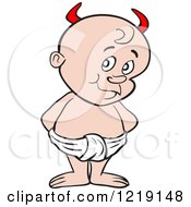 Clipart Of A White Toddler Boy With Devil Horns Standing In A Diaper Royalty Free Vector Illustration by LaffToon