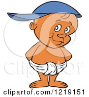 Clipart Of A Black Toddler Boy Wearing A Baseball Cap Backwards And Standing In A Diaper Royalty Free Vector Illustration by LaffToon