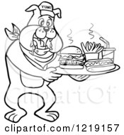 Clipart Of An Outlined Bbq Bulldog Mascot Drooling Over A Tray With A Hot Dog Burger Fries And Soda Royalty Free Vector Illustration by LaffToon