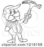 Clipart Of An Outlined Carpenter Man Holding Up A Hammer And Tugging On His Overalls Royalty Free Vector Illustration by LaffToon