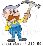 Caucasian Carpenter Man Holding Up A Hammer And Tugging On His Overalls