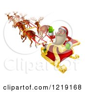 Clipart Of Santa Waving And Looking Back While Flying In A Reindeer Sleigh Royalty Free Vector Illustration