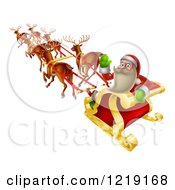 Poster, Art Print Of Santa Waving And Looking Back While Flying In A Reindeer Sleigh