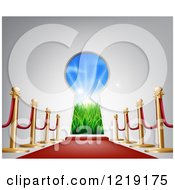 Clipart Of A Red Carpet And Posts Leading To A Key Hole With An Idyllic Field With Sunshine And Grass Royalty Free Vector Illustration by AtStockIllustration