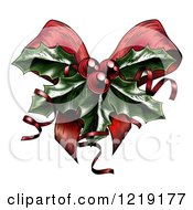 Sprig Of Christmas Holly With Red Berries And Curly Ribbons Over A Bow