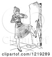 Poster, Art Print Of Vintage Black And White High School Girl With Her Arms Full Of Books Kicking A Full Locker Shut