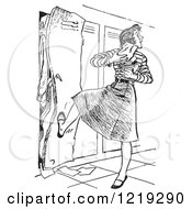 Retro Clipart Of A Vintage Black And White High School Teen Girl With Her Arms Full Of Books Kicking A Full Locker Shut Royalty Free Vector Illustration by Picsburg