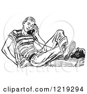 Retro Clipart Of A Black And White Vintage Teenage Boy Flirting With His Girlfriend On A Telephone Royalty Free Vector Illustration by Picsburg