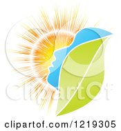Clipart Of A Green Leaf Blue Face And Sunshine Royalty Free Vector Illustration