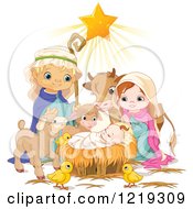 Star Shining On Baby Jesus Surrounded By Mary Joseph And Cute Animals