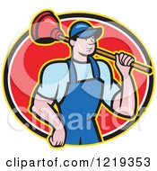 Poster, Art Print Of Cartoon Plumber Man Carrying A Plunger Over His Shoulder In An Oval
