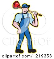 Clipart Of A Cartoon Plumber Man Carrying A Plunger Over His Shoulder Royalty Free Vector Illustration