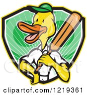Clipart Of A Cartoon Duck Cricket Player Batsman In A Shield Of Sunshine Royalty Free Vector Illustration