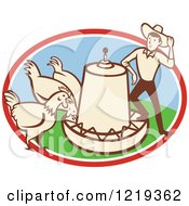 Retro Cartoon Farmer With Chickens At A Feeder In An Oval