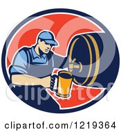 Retro Bartender Pouring A Beer From A Keg In An Oval
