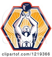 Poster, Art Print Of Retro Crossfit Bodybuilder Lifting A Kettlebell In A Sunny Hexagon