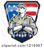 Poster, Art Print Of American Solider With Folded Arms Over An American Flag Shield